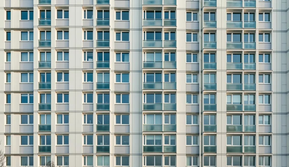 Фасад новостройки зимним утром: запотевшие окна и наледь по нижнему краю стёкол